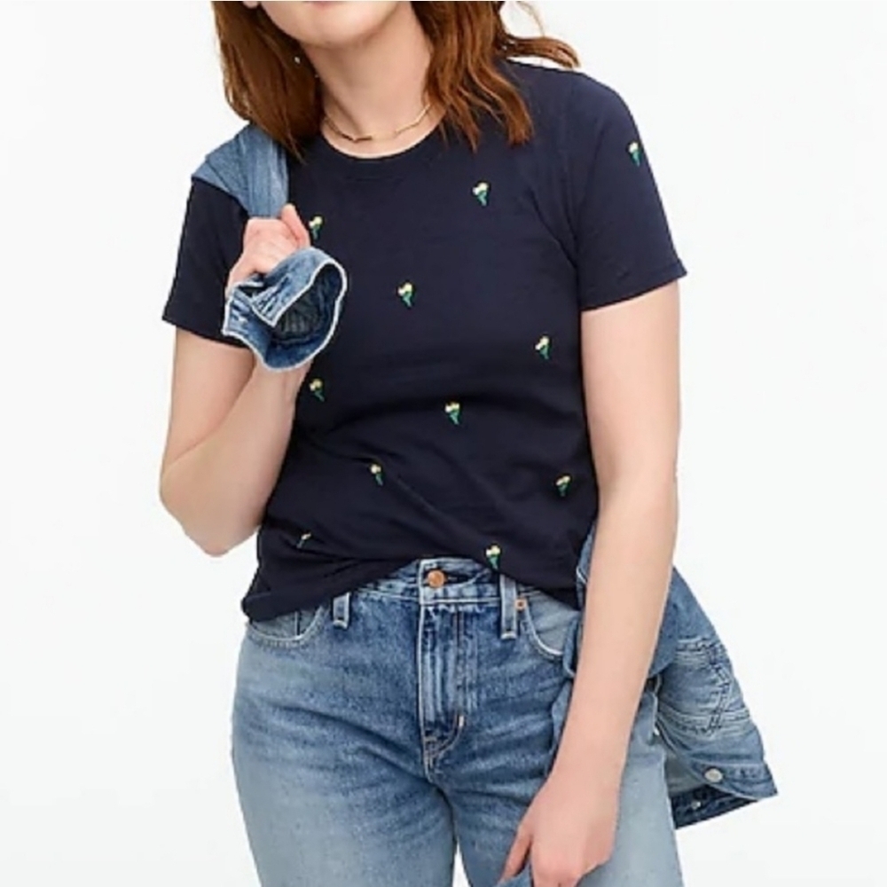 J. Crew Embroidered Tulips Cotton Crewneck T-shirt Blue Sz S